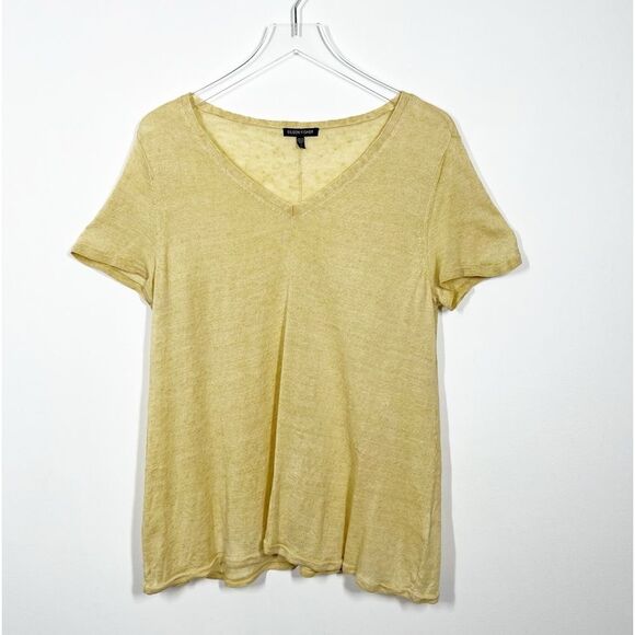 Eileen Fisher Women's Size Medium Lemon Drop Yellow Linen Jersey V-Neck Shirt - Picture 1 of 6